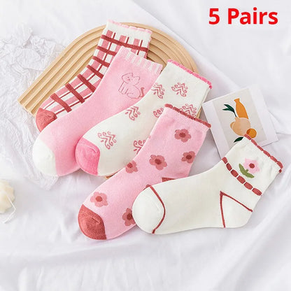 5 Pairs Pink Flower Knit Warm Kids Socks For Girls