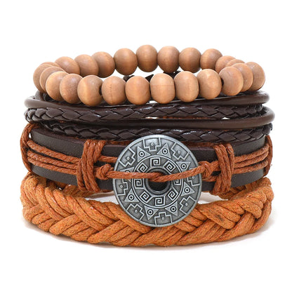 4pcs Set Braided Wrap Leather Mens Bracelet Ethnic Tribal Wristband