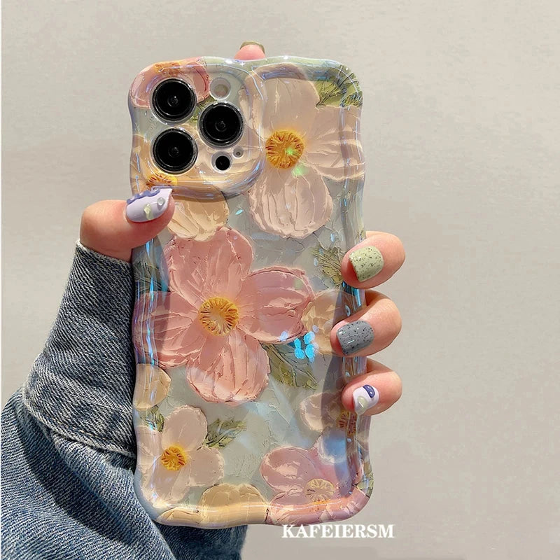 Laser Blue Light Flowers Phone Case For iPhone 16 15 14 13 12 11 Pro Max