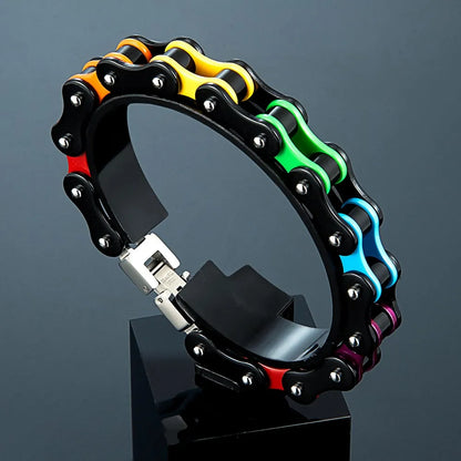 Locomotive Punk Unisex Bracelet Black Stainless Steel Enamel Rainbow Chain