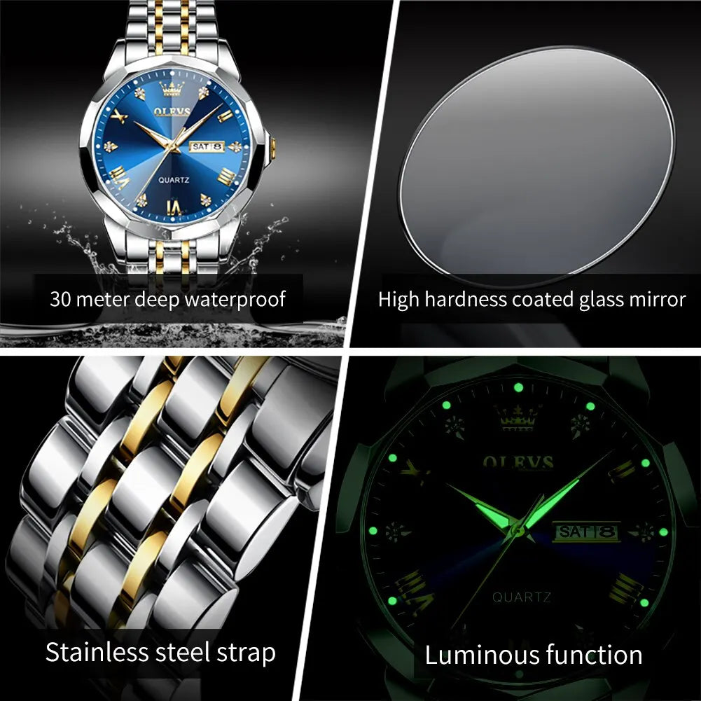 Mens Quartz Watch Waterproof Luminous Stainless Steel Wristwatch