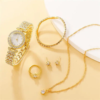 6PCS Set Watch Womens Ring Necklace Earring Bracelet