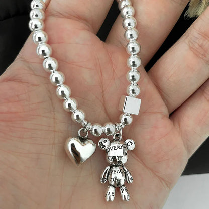 925 Sterling Silver Bracelets Womens String of Beads Cute Bear Pendant