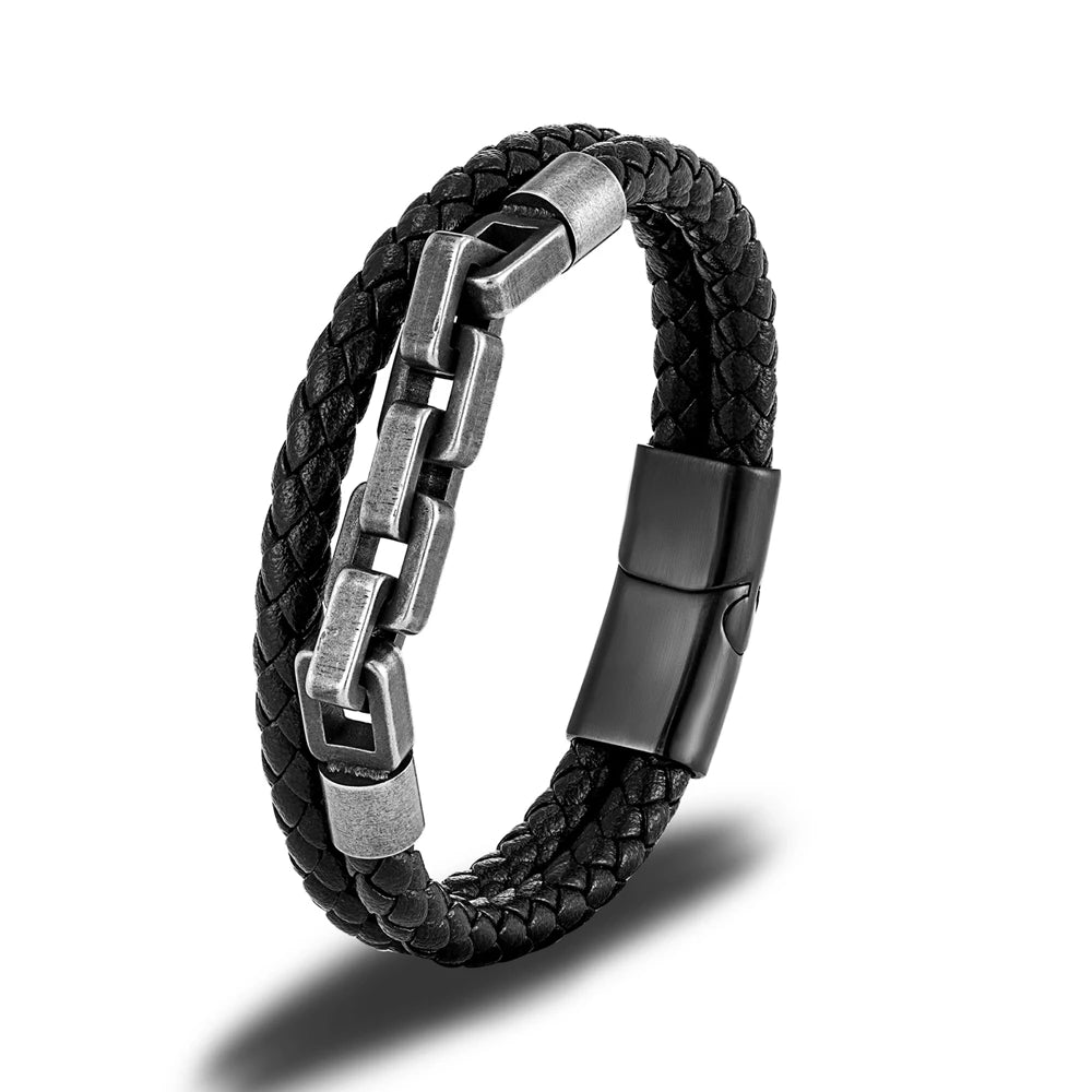 Locomotive Men Punk Rock Bicycle Chain Leather Bracelet