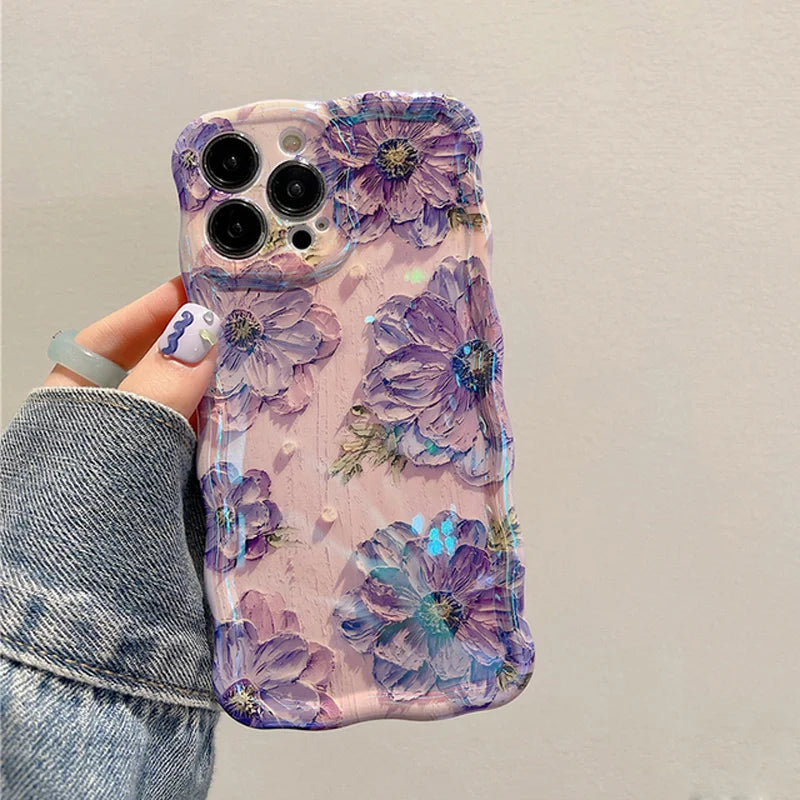 Laser Blue Light Flowers Phone Case For iPhone 16 15 14 13 12 11 Pro Max