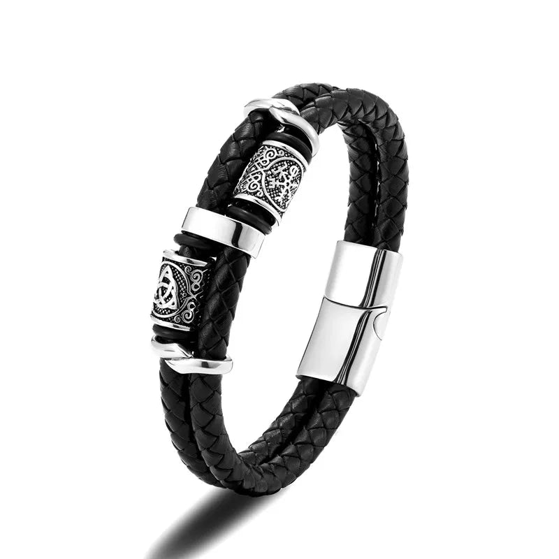 Norse Mythology Viking Compass Runes Amulet Leather Bracelet for Men