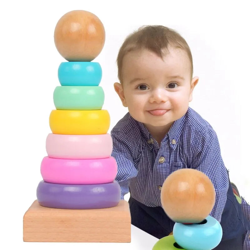 Children Rainbow Tower Ferrule Wooden Toy Stacking Circle Baby Puzzle