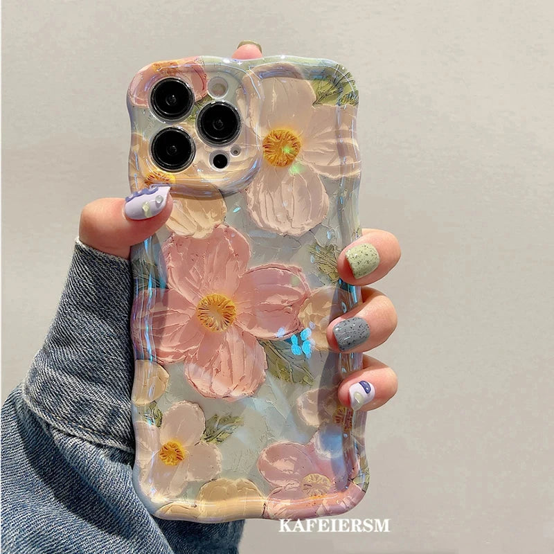 Laser Blue Light Flowers Phone Case For iPhone 16 15 14 13 12 11 Pro Max