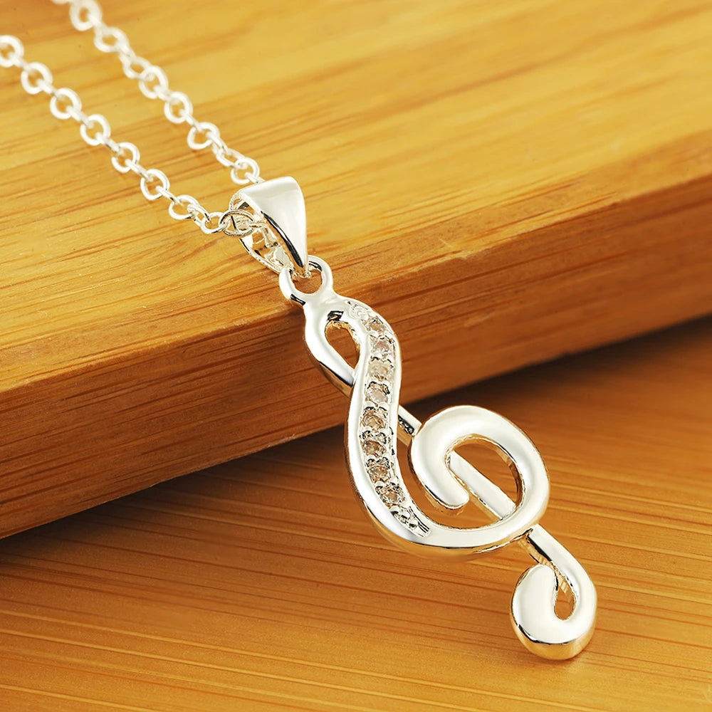 925 Sterling Silver Crystal Musical Note Pendant Women Necklace