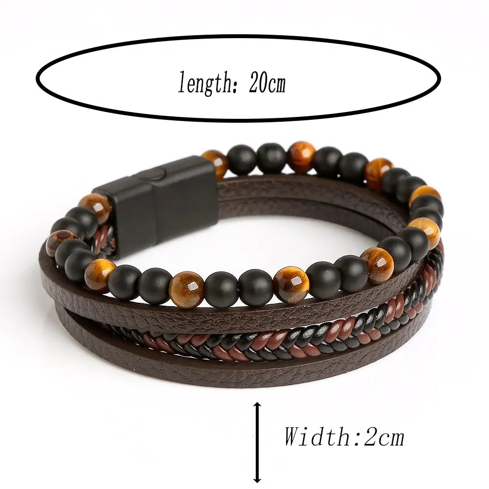 Mens Leather Bracelet Tiger Eye Beaded