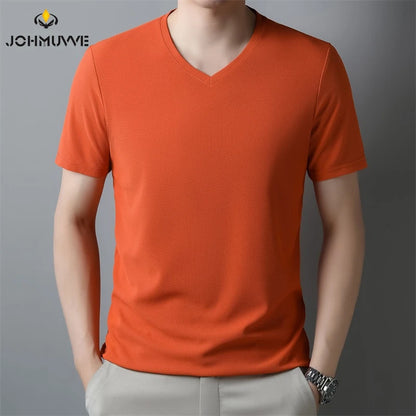 Mens Waffle V Neck Short Sleeved T-shirt Summer Comfortable Top