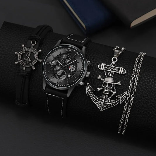 3PCS Set Fashion Mens Watch Necklace Bracelet