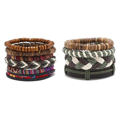 4pcs Set Braided Wrap Leather Mens Bracelet Ethnic Tribal Wristband