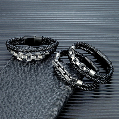 Locomotive Men Punk Rock Bicycle Chain Leather Bracelet