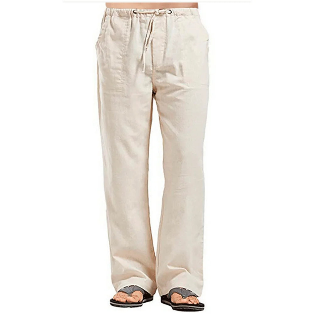 Mens Cotton Linen Pants Summer Solid Color Breathable Linen Trousers