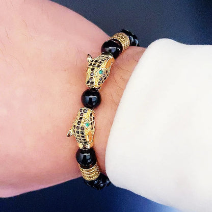 Black Stone Beads Mens Bracelet Leopard Head Charms Unisex Bracelets