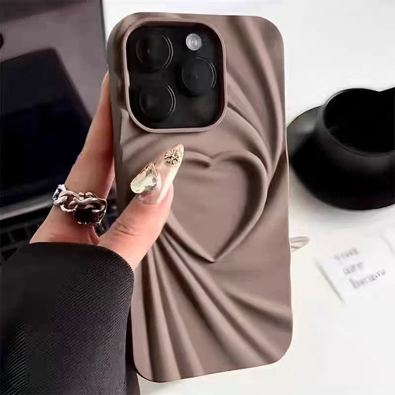 Fold Wrinkle 3D Love Heart Silicone Phone Case For iPhone 15 14 13 12 11