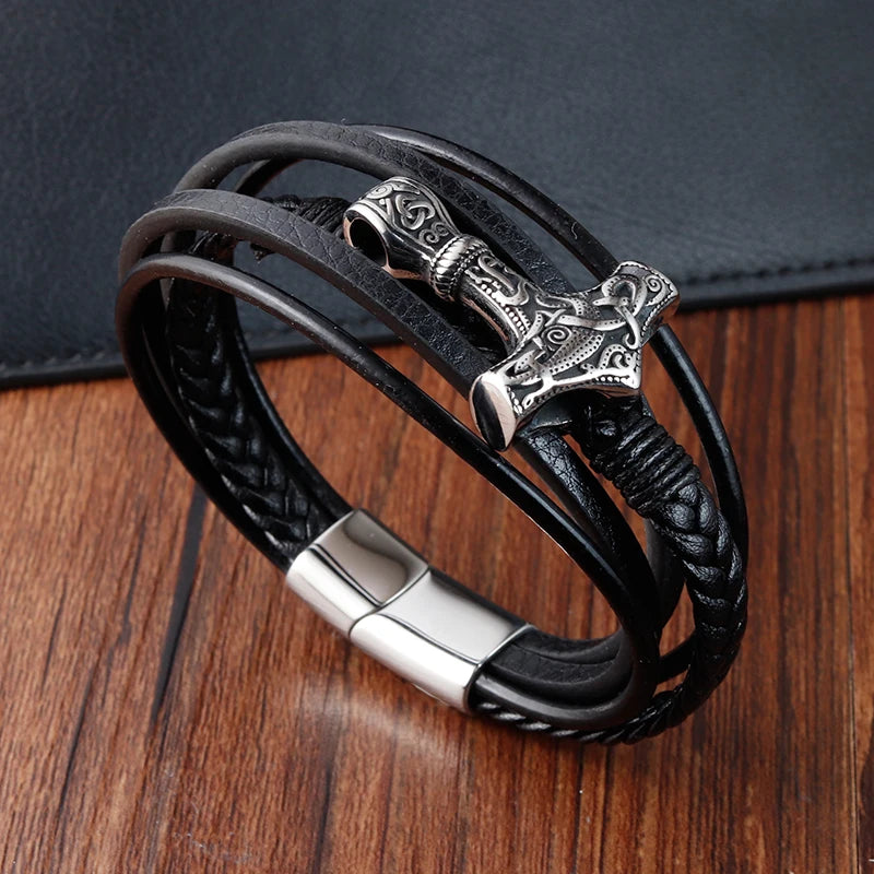 Stainless Steel Bangles Rope Wrap Charm Leather Mens Bracelet