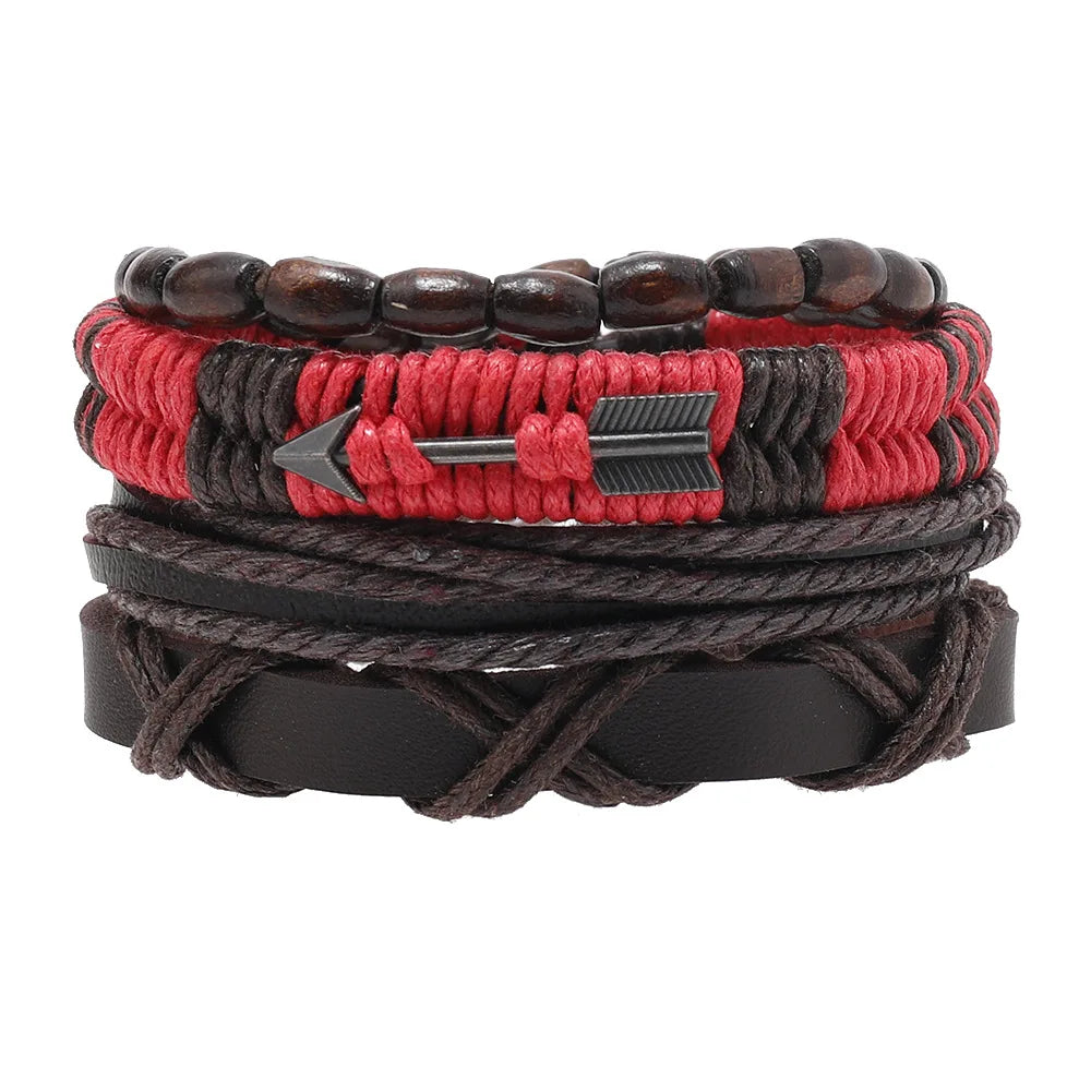 4pcs Set Braided Wrap Leather Mens Bracelet Ethnic Tribal Wristband