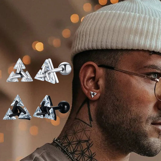 Mens Stud Earring Triangle Pierced Crystal Zircon Stud Earrings