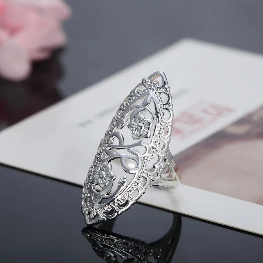 925 Sterling Silver Rings Women Retro Hollow Wide Flower