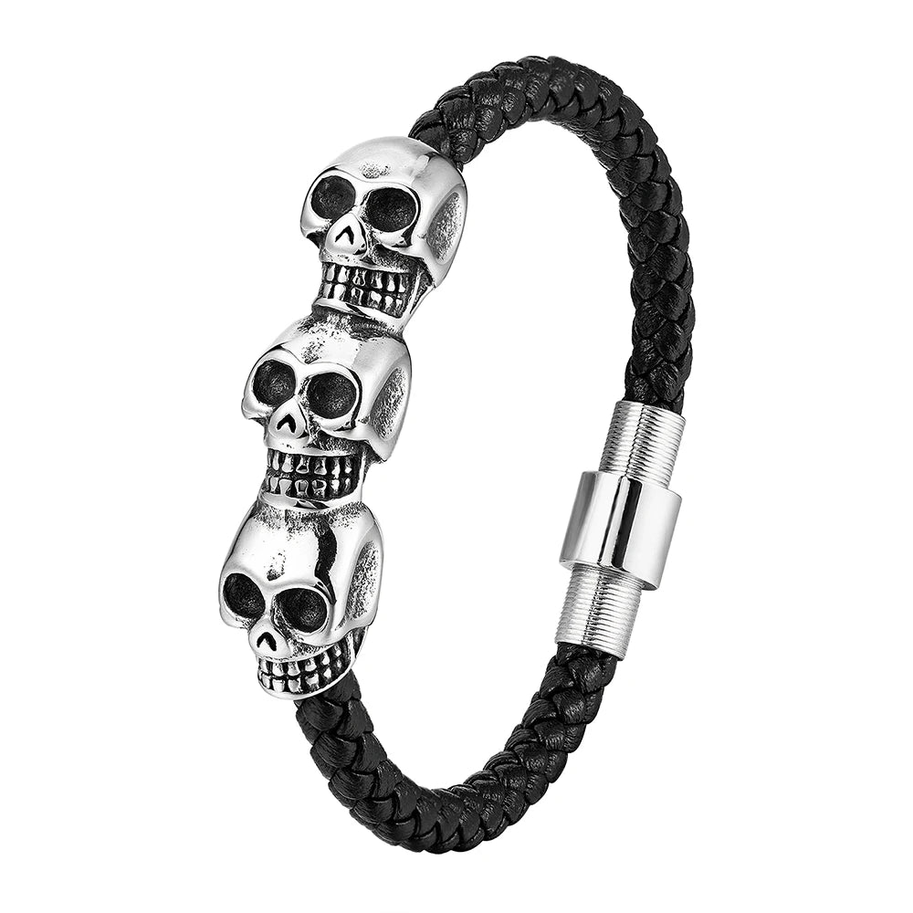 Stainless Steel Cool Skull Braided Mens Leather Bracelet