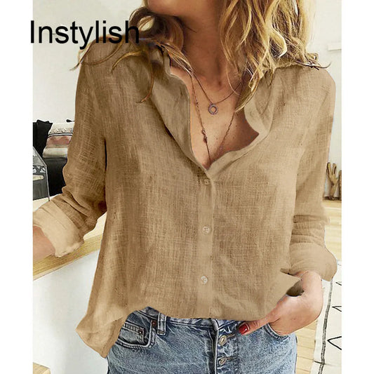 Womens Casual Long Sleeve Cotton Linen Loose Shirt