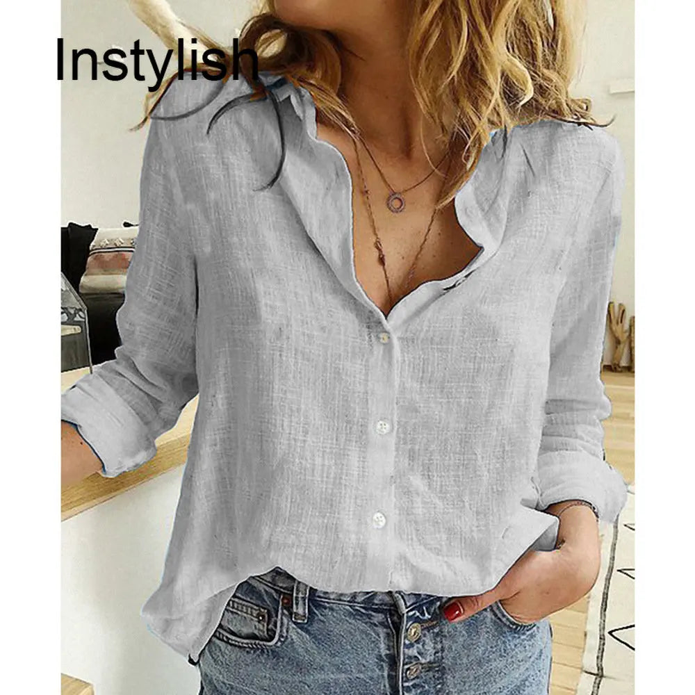 Womens Casual Long Sleeve Cotton Linen Loose Shirt