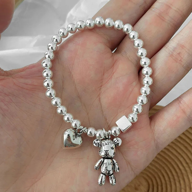 925 Sterling Silver Bracelets Womens String of Beads Cute Bear Pendant