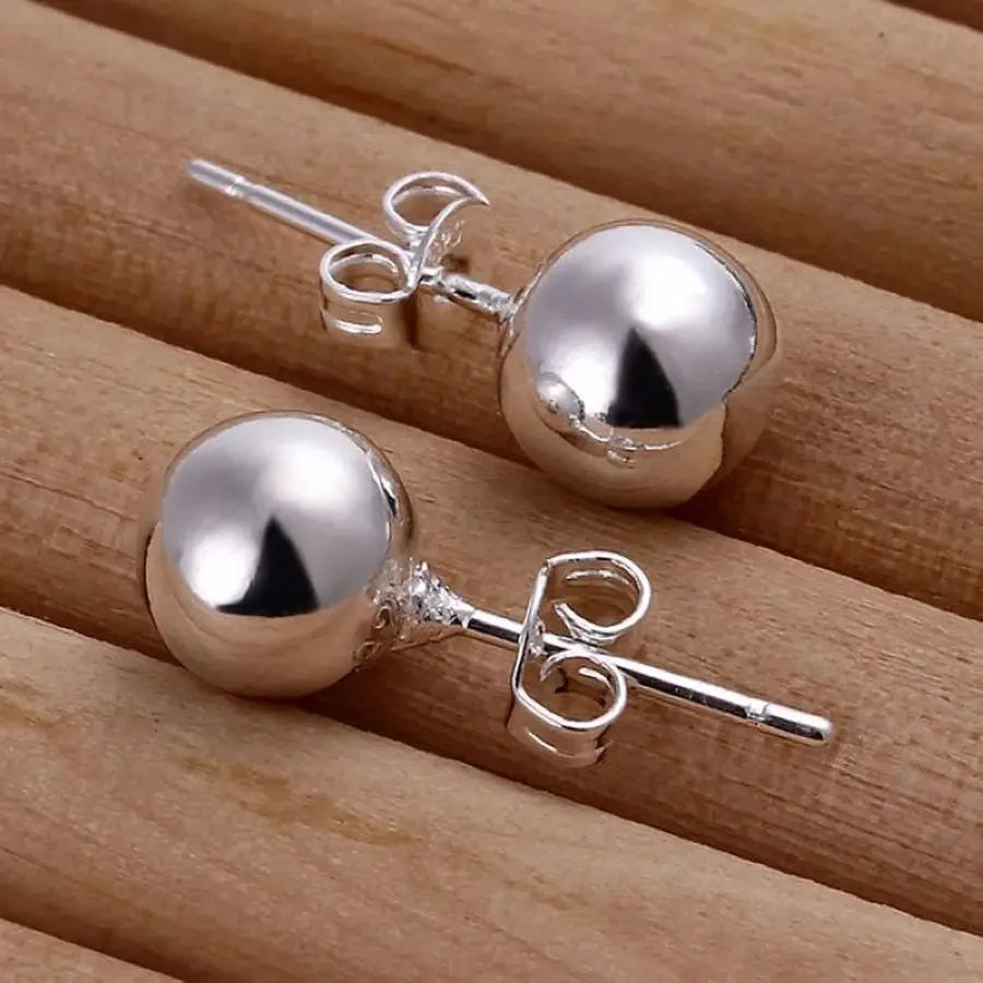 8mm Beads Charm 925 Sterling Silver Womens Earring Stud