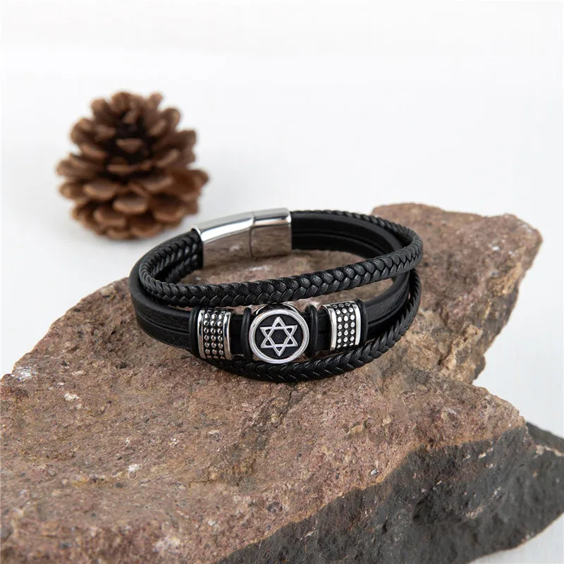 Vintage Norse Hexagram Leather Amulet Bracelet For Men