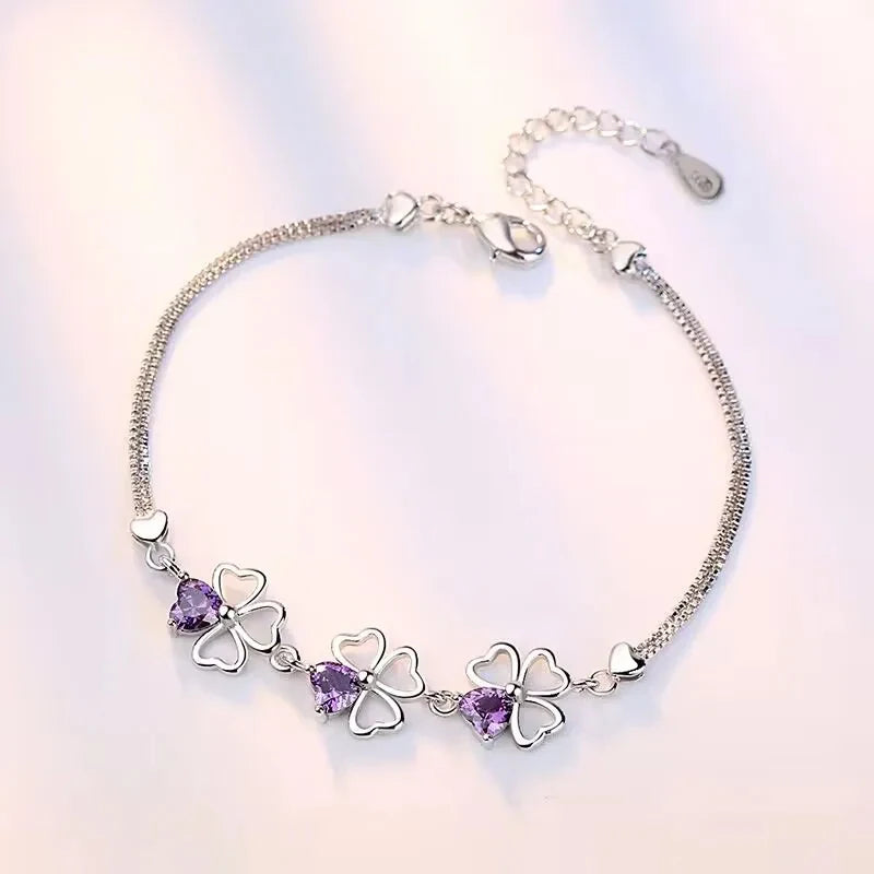 925 Sterling Silver Purple Crystal Lucky Clover Womens Bracelets