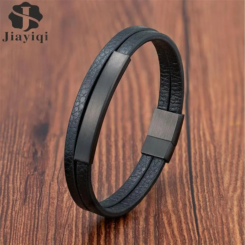 Simple Style Mens Black Genuine Leather Bracelet