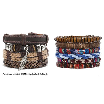 4pcs Set Braided Wrap Leather Mens Bracelet Ethnic Tribal Wristband