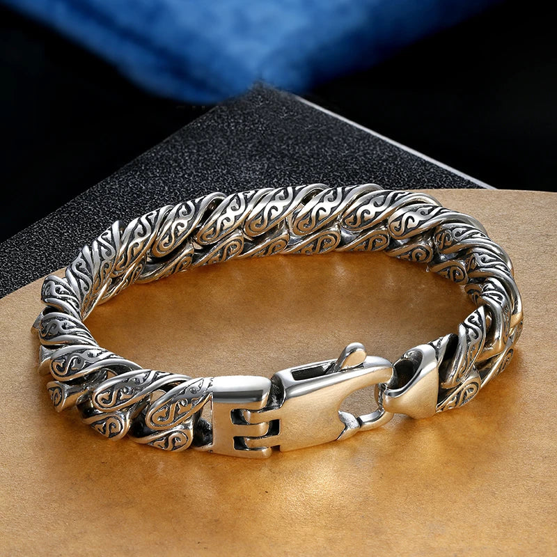 Tang Grass Pattern Mens Bracelet Thick