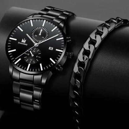 Mens Fashion Quartz Watch Stainless Steel Bracelet Set