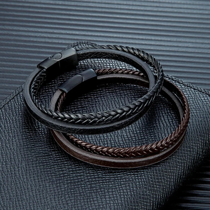 Minimalist Men Double Strand Woven Leather Bracelet Stainless Steel Buckle