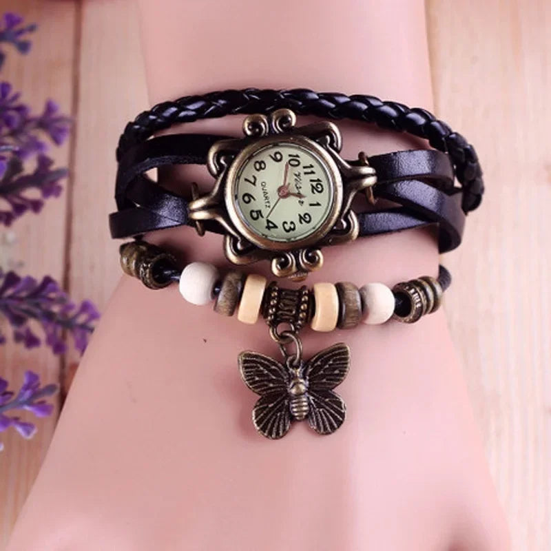 Womens Casual Vintage Multilayer Butterfly Faux Leather Bracelet Watch