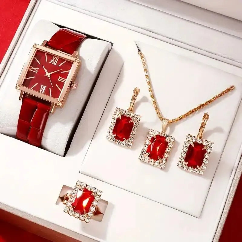 Womens Fashion Quartz Square Watch  Jewelry Set