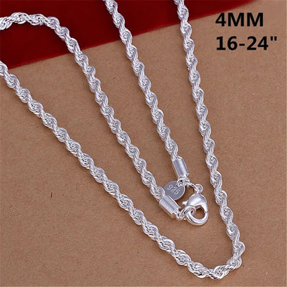 Women Men Fashion 925 Silver Charm 4MM Rope Chain Necklace