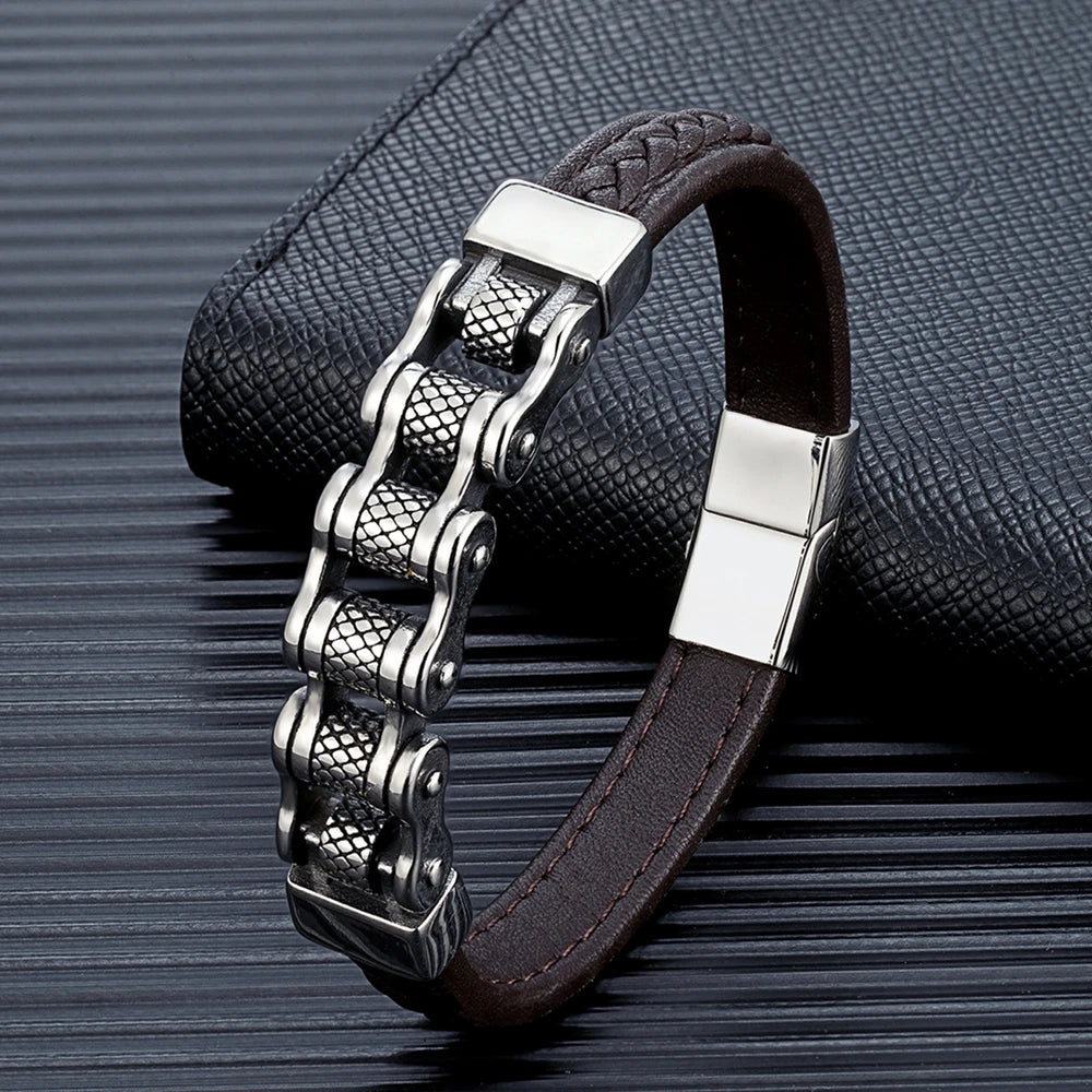 Punk Men Biker Chain Braided Leather Bracelet Stainless Steel Magnetic Buckle