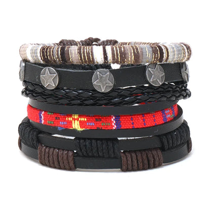 4pcs Set Braided Wrap Leather Mens Bracelet Ethnic Tribal Wristband