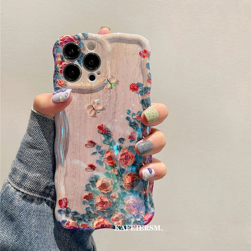 Laser Blue Light Flowers Phone Case For iPhone 16 15 14 13 12 11 Pro Max