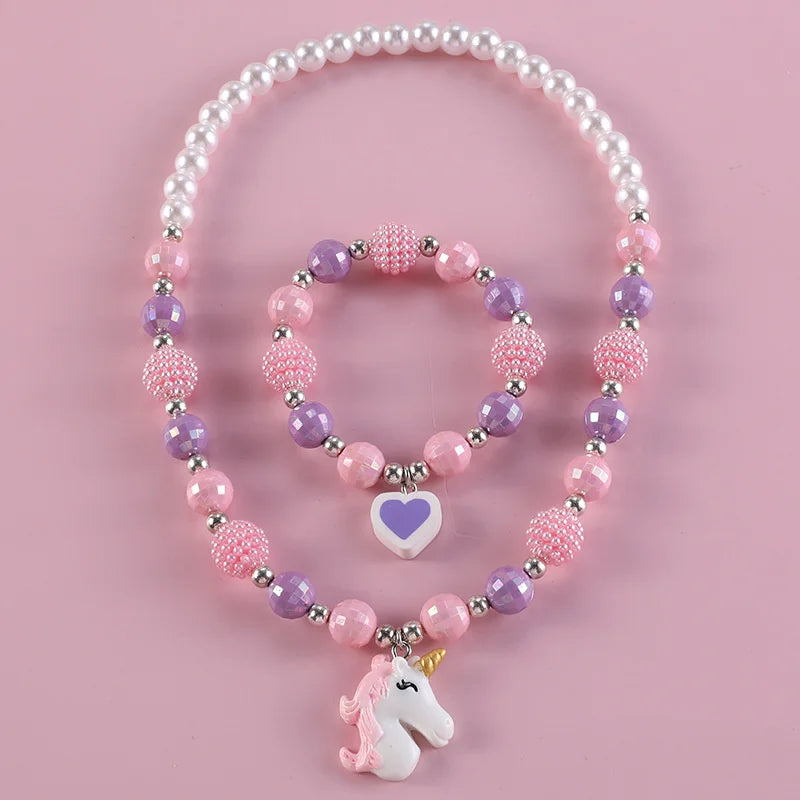 Cute Kids Girls Pendant Necklace Bear Heart Beads Necklaces