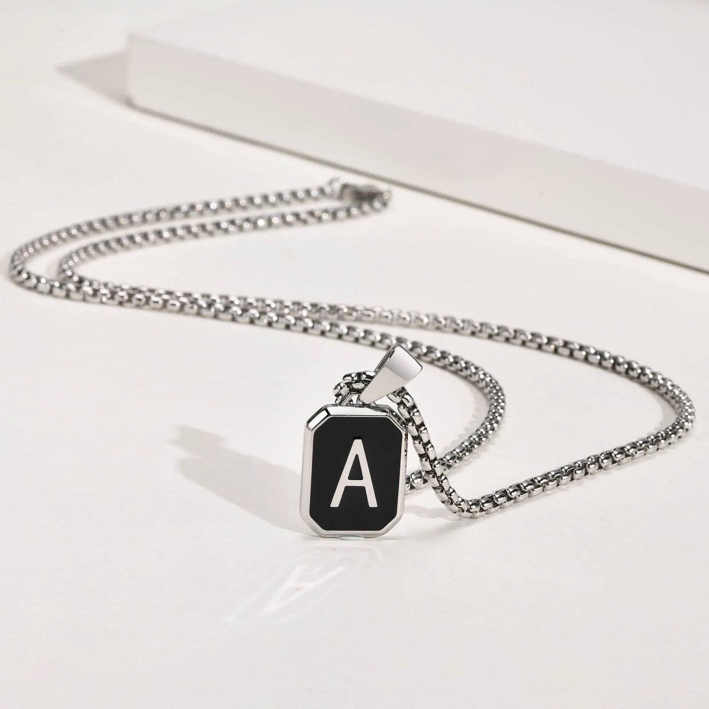 Stylish Initials Square Necklaces for Men 26 Letters Stainless Steel Pendant