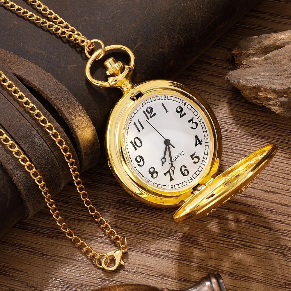 Arabic Numerals Quartz Pocket Watch Gold Case Necklace Pendant