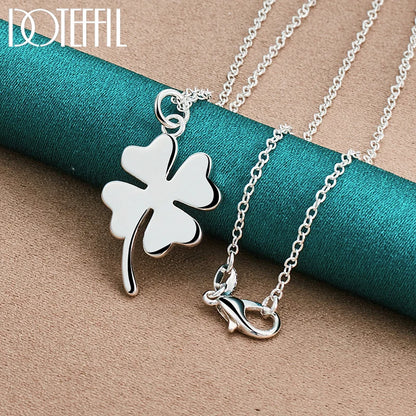 925 Sterling Silver Four Leaf Clover Pendant Necklace Chain For Woman