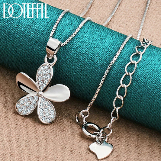 925 Sterling Silver Petal Pendant Necklace Full AAA Zircon Chain For Woman