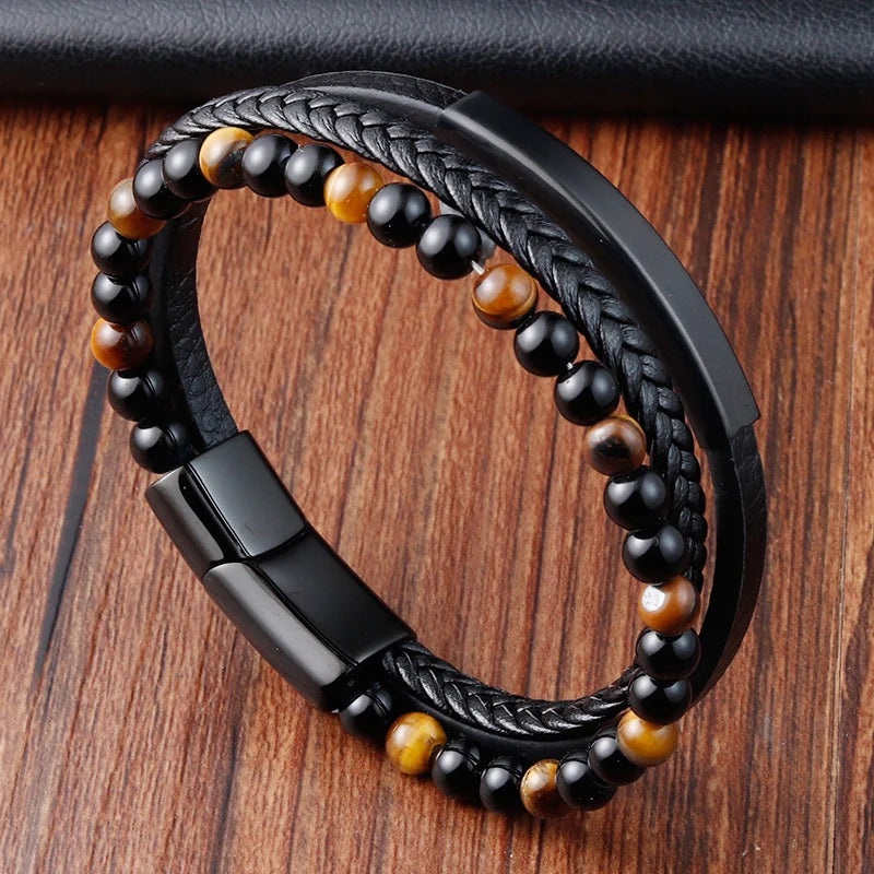 Charm Braid Rope Leather Bracelet For Mens Stainless Steel Magnetic Buckle