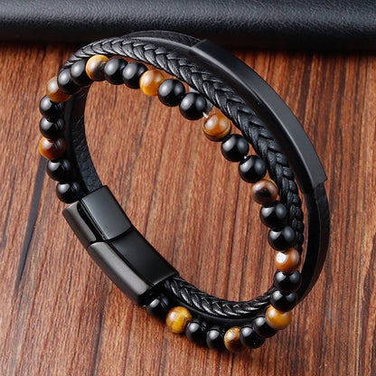 Charm Braid Rope Leather Bracelet For Mens Stainless Steel Magnetic Buckle